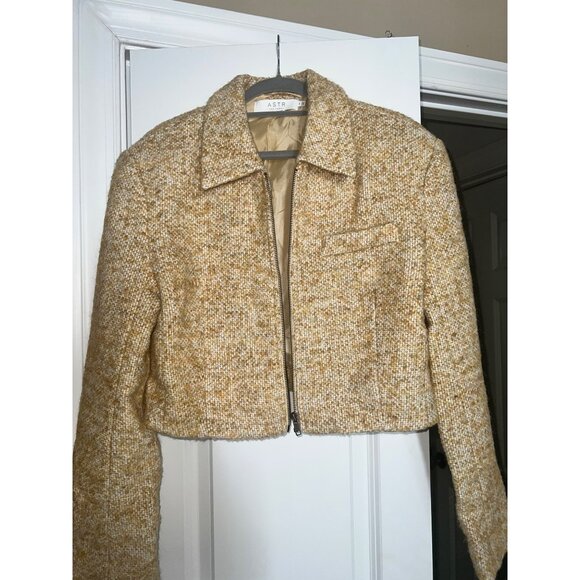 ASTR The Label Yellow Tweed Cropped Jacket With Zipper Front & Satin Lining - Si - Picture 1 of 5